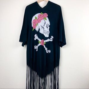 [Wildfox] Skull & Rose Fringe Raglan Hoodie Tee